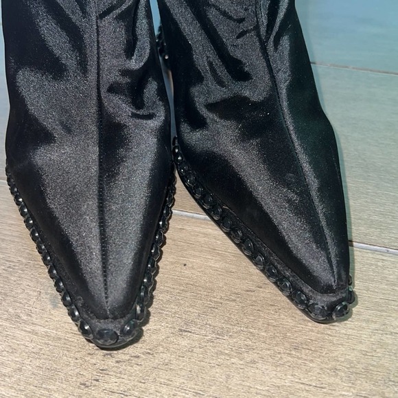 Colin Stuart Wedge Boot Black Satin Beaded Heel Sole Cuff Pointed Toe Size 7.5 - Picture 6 of 12